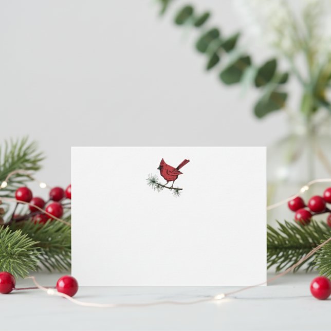 Einfaches Winterroter Kardinal Bird Mitteilungskarte (Simple Red Cardinal on Pine Branch Illustration Winter Note Card in White. Elegant Red Bird for Xmas)