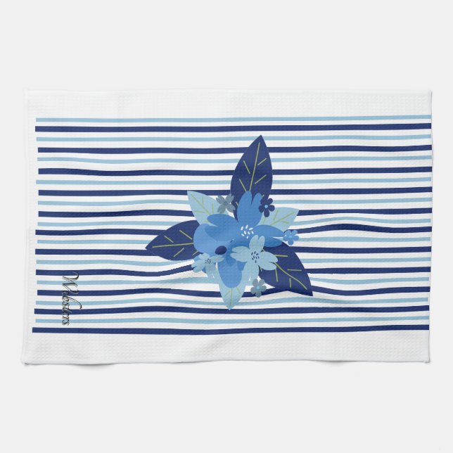 Einfarbig blaues Muster mit Blütenstreifen Geschirrtuch