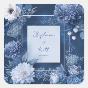 Einfarbig Floral Marineblau Weiß Modern Quadratisc Quadratischer Aufkleber