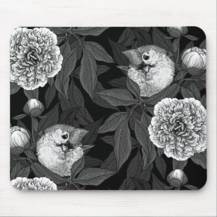 Einfarbige Blume von Vögeln und Birnen, grau Mousepad
