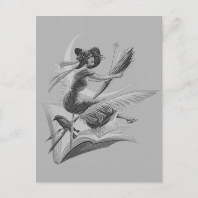 Einfarbiger Hexe-Raben-Halbmond-Mond Postkarte (Vorderseite)