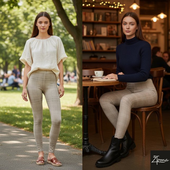 Einfarbiges Taupe-Karomuster mit horizontaler Text Leggings (Von Creator hochgeladen)