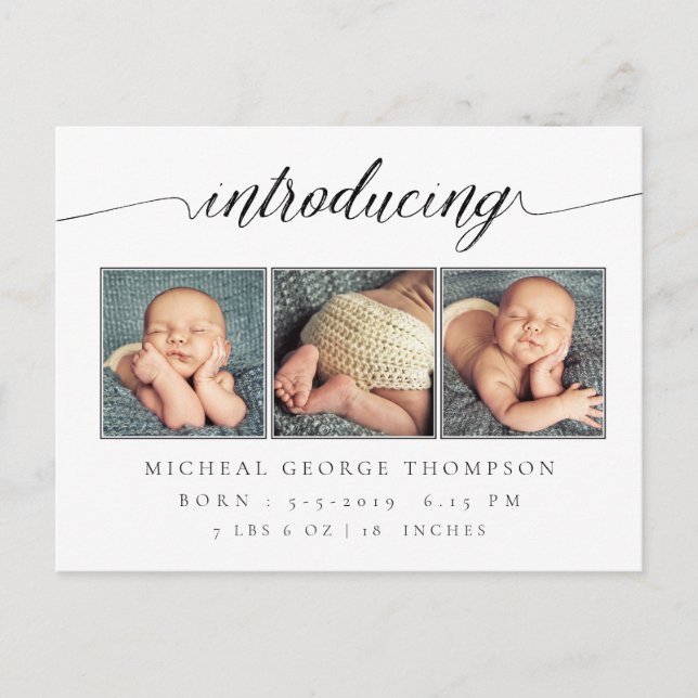 Einführung der Geburtsankündigung von Baby 3 Foto Ankündigungspostkarte (Vorderseite)