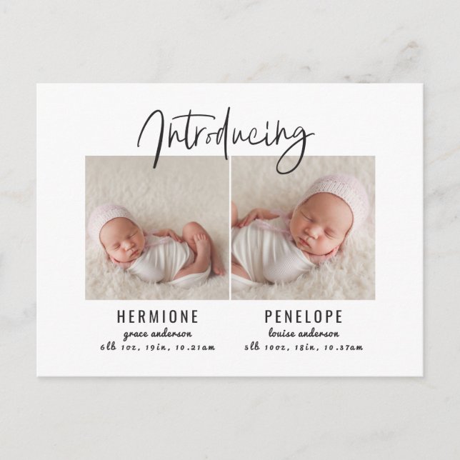 Einführung der Geburtsankündigung von Zwillingen Einladungspostkarte (Vorderseite)