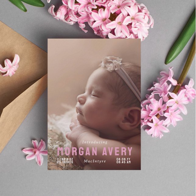Einführung der rosa Typografie Neues Baby-Foto Ankündigung (Von Creator hochgeladen)
