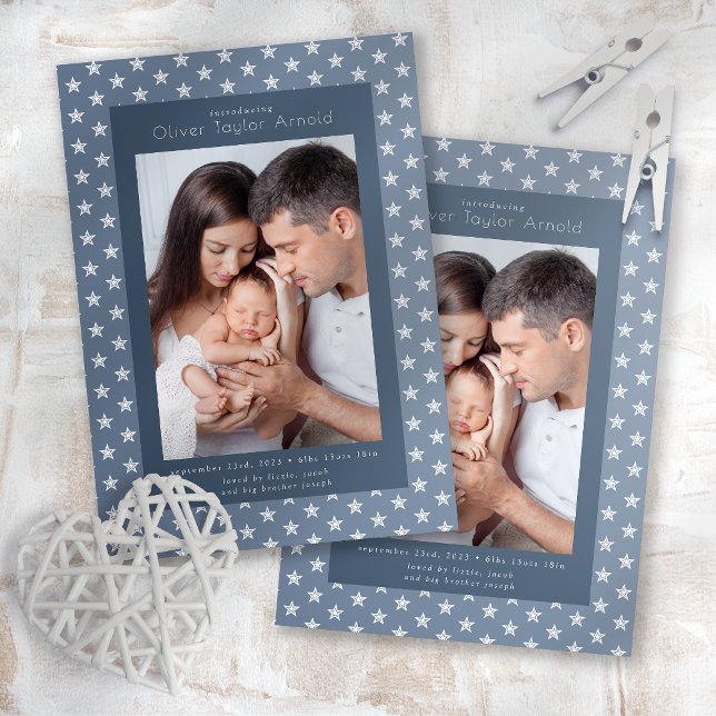 Einführung von Baby Foto Blue Stars Birth Ankündigung (Von Creator hochgeladen)