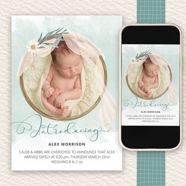 Einführung von Boho Foto Frame Green Wash Birth Ankündigung (Photo birth announcement introducing your new baby)