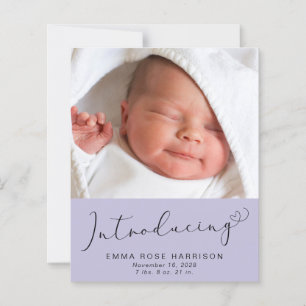 Einführung von Fotos Lila Geburtsankündigung