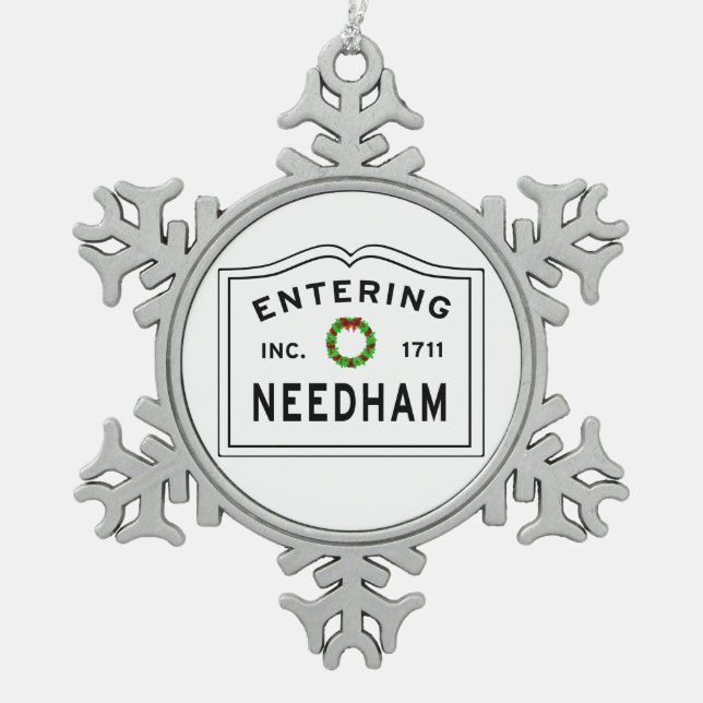Eingang von Needham Massachusetts Schneeflocken Zinn-Ornament (Vorderseite)