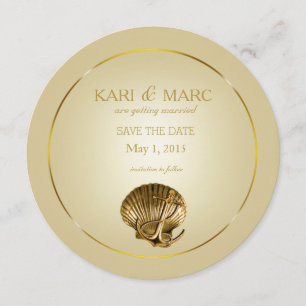 Eingebettete Muschel Save the Date   écru & gold Einladung