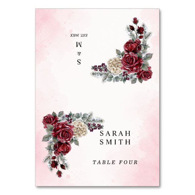 Eingefrorene Rosen Winter-Hochzeitsplatzkarten Tischnummer (Vorderseite)