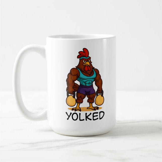 Eingeölter Hahn – Lustige Starke Hühner-Kettlebell Kaffeetasse (Links)