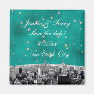 Eingeprägte NYC-Skyline 2 Türkis Gold Star Save-Da Magnet