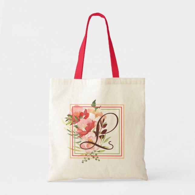 Eingerahmte Blumenstrauß-Monogramm-Tasche Tragetasche (Vorne)