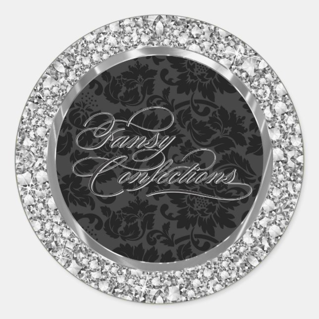 Eingeschrukkte Imitate Diamant- und SchwarzDamaske Runder Aufkleber (Vorderseite)
