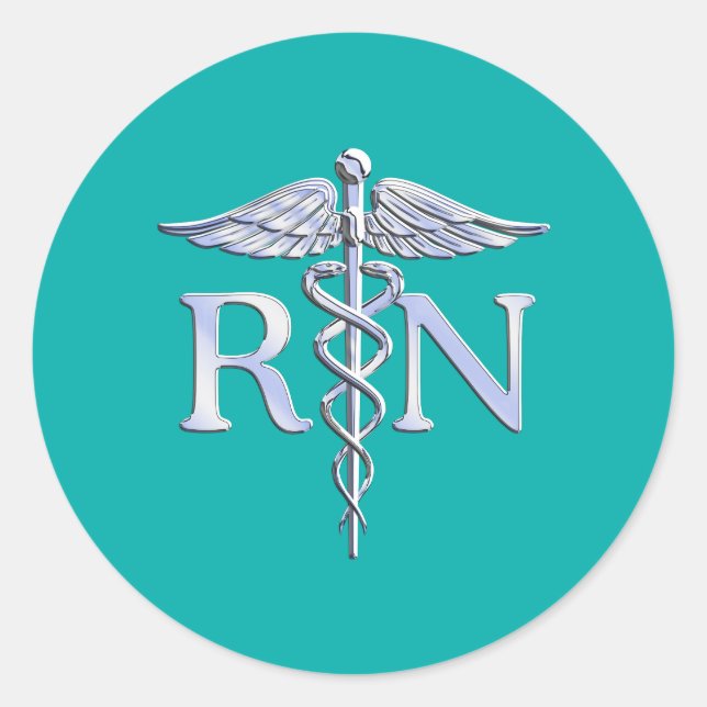 Eingetragene Krankenschwester RN Silver Caduceus a Runder Aufkleber (Vorderseite)