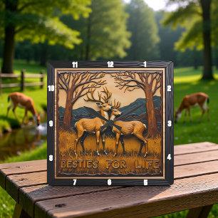 Eingraviertes Hirschpaar Sonnenuntergangs Wald Quadratische Wanduhr