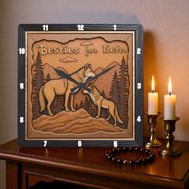 Eingraviertes Wolfspaar Orange Mountain Quadratische Wanduhr (Von Creator hochgeladen)