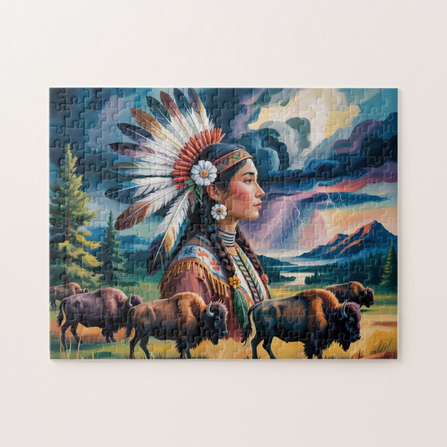 Einheimische Frau mit Bison Puzzle (Horizontal)
