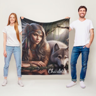 Einheimischer Indianer und ein Wolf ruhen am Wasse Fleecedecke