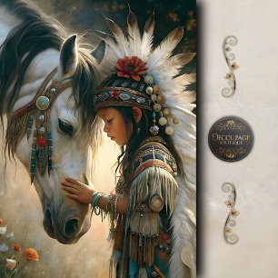 Einheimisches Mädchen mit weißem Pferd Découpage Seidenpapier