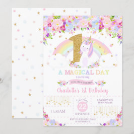 Einhorn-1. Geburtstags-Einladungs-Blumenregenbogen Einladung