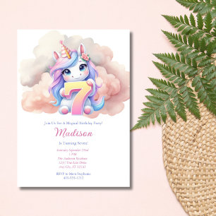 Einhorn 7. Siebter Rosa Blau Lila Mädchen Geburtst Einladung