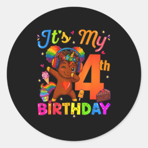 Einhorn Afro 4. Geburtstag Mädchen Natürliches Haa Runder Aufkleber