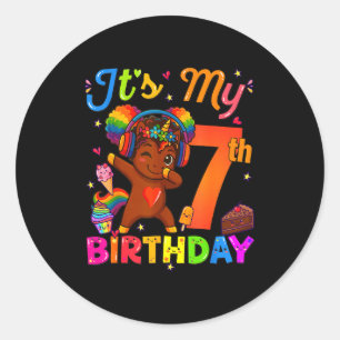 Einhorn Afro 7. Geburtstag Mädchen Natürliches Haa Runder Aufkleber