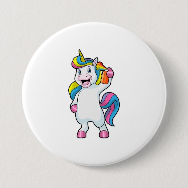 Einhorn als Friseur mit Haarspray Button (Vorderseite)