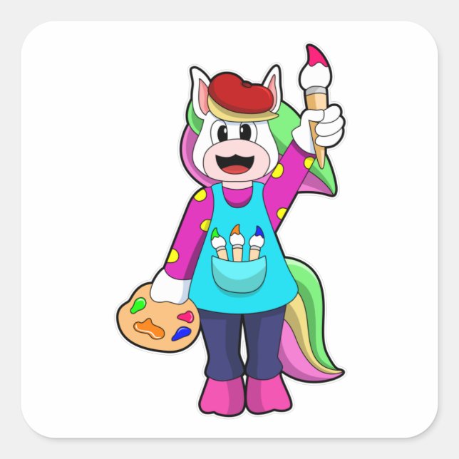 Einhorn als Maler Quadratischer Aufkleber (Vorderseite)