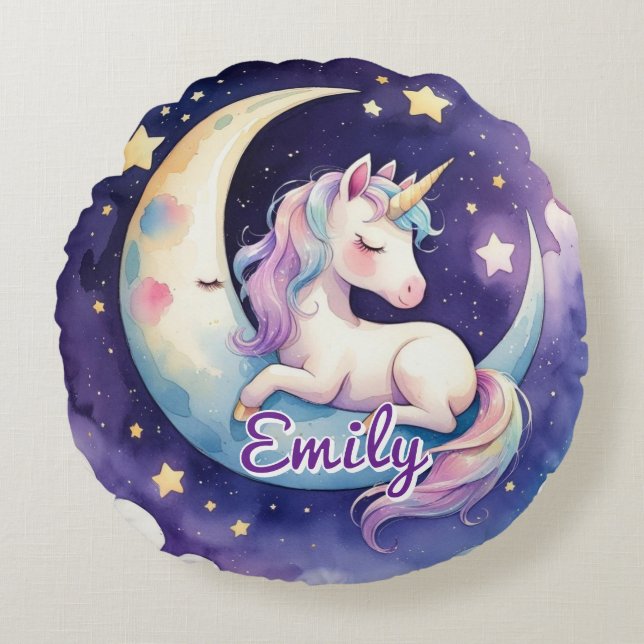 Einhorn auf dem Mond, bearbeitbarer Name Rundkisse Rundes Kissen (Vorderseite)
