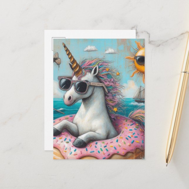 Einhorn auf einem Donut-Float Postkarte (Vorderseite/Rückseite Beispiel)