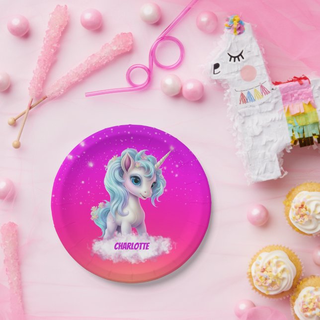 Einhorn auf Namenswolke rosa Himmel Pappteller (Party)
