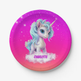 Einhorn auf Namenswolke rosa Himmel Pappteller