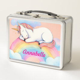 Einhorn auf Regenbogenwolken, Mädchen, Personalisi Metall Brotdose