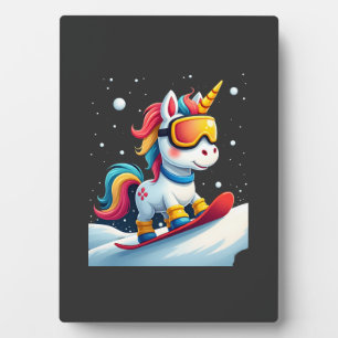 Einhorn auf Schneebrett - Lustiger Ski- und Winter Fotoplatte