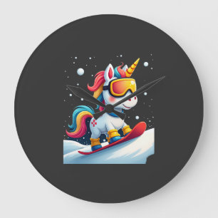 Einhorn auf Schneebrett - Lustiger Ski- und Winter Große Wanduhr