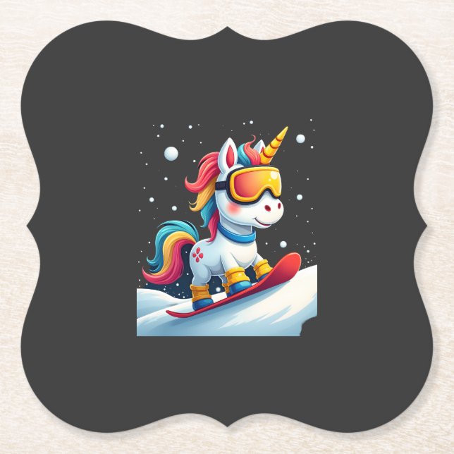 Einhorn auf Schneebrett - Lustiger Ski- und Winter Untersetzer (Vorderseite)