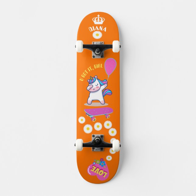 Einhorn auf Skateboard mit personalisierten Bildun (Vorderseite)