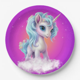 Einhorn auf Wolke mit rosa, lebhaftem Himmel Pappteller