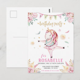 Einhorn-Ballerina-rosa-florale-Geburtstagseinladun Postkarte