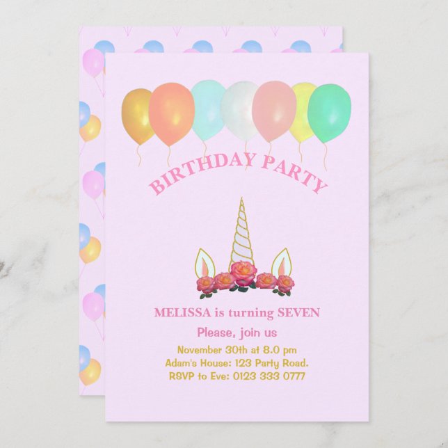 Einhorn & Balloons Einladung zum Geburtstag (Vorne/Hinten)