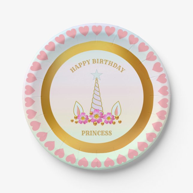 Einhorn, Blume, Herz und Goldpunkte Pappteller (Vorderseite)