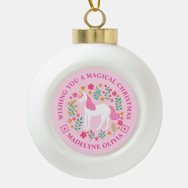 Einhorn-Blume Magische Weihnachten Personalisiert Keramik Kugel-Ornament (Vorderseite)
