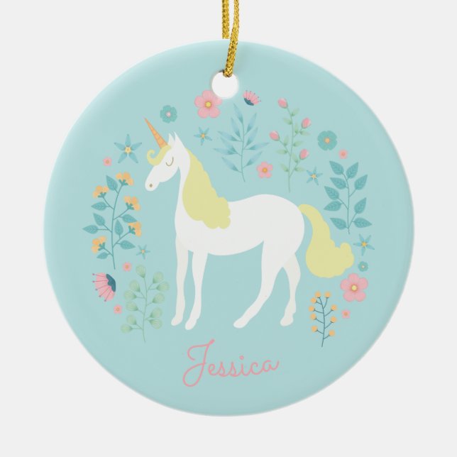 Einhorn-Blume Rosa Aqua Personalisiert Keramik Ornament (Vorne)
