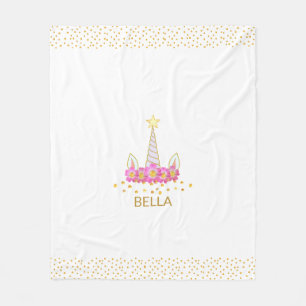 Einhorn, Blume und goldene Konfetti auf weißer Fle Fleecedecke