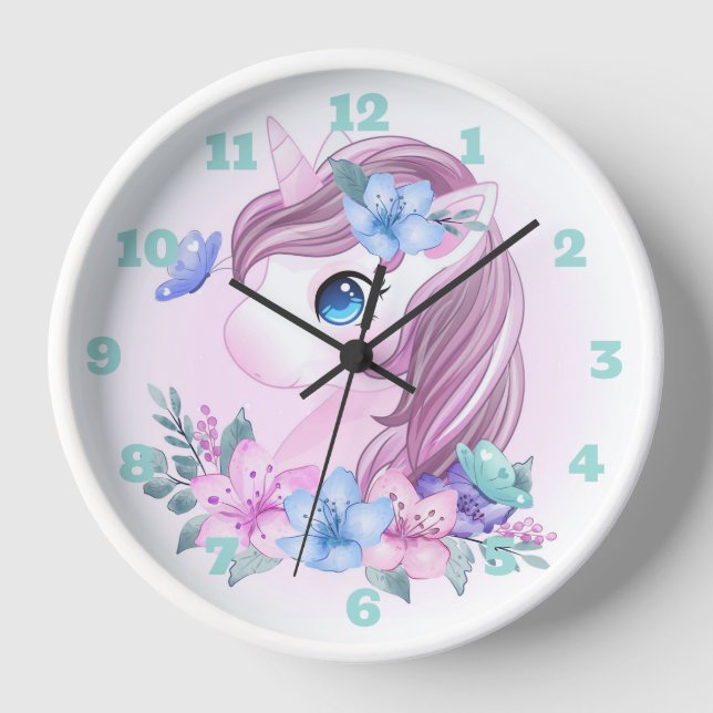 Einhorn, Blume und Schmetterlinge Große Uhr (Vorderseite)