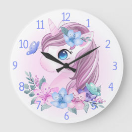 Einhorn, Blume und Schmetterlinge Große Wanduhr