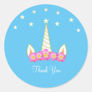 Einhorn Blumen und Sterne Danke Runder Aufkleber